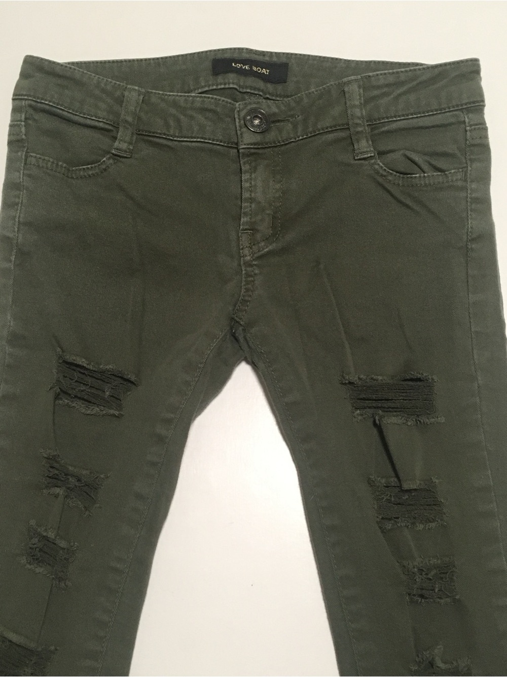 Preowned LOVE BOAT Olive Green High-Waist ripped jeans skinnies size XS women’s